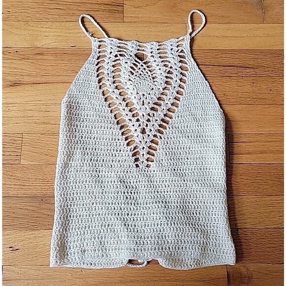 Windsor Ivory Crochet High Neck Halter Top NEW Openwork Lace Up Back Boho Hippie - Picture 1 of 7